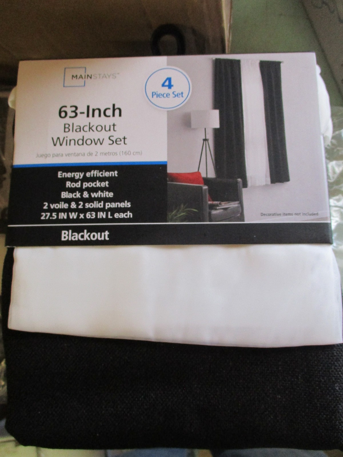 Mainstays Black And WHITE ROD POCKET 63 INCH BLACKOUT WINDOW SET 4 PIECE M9