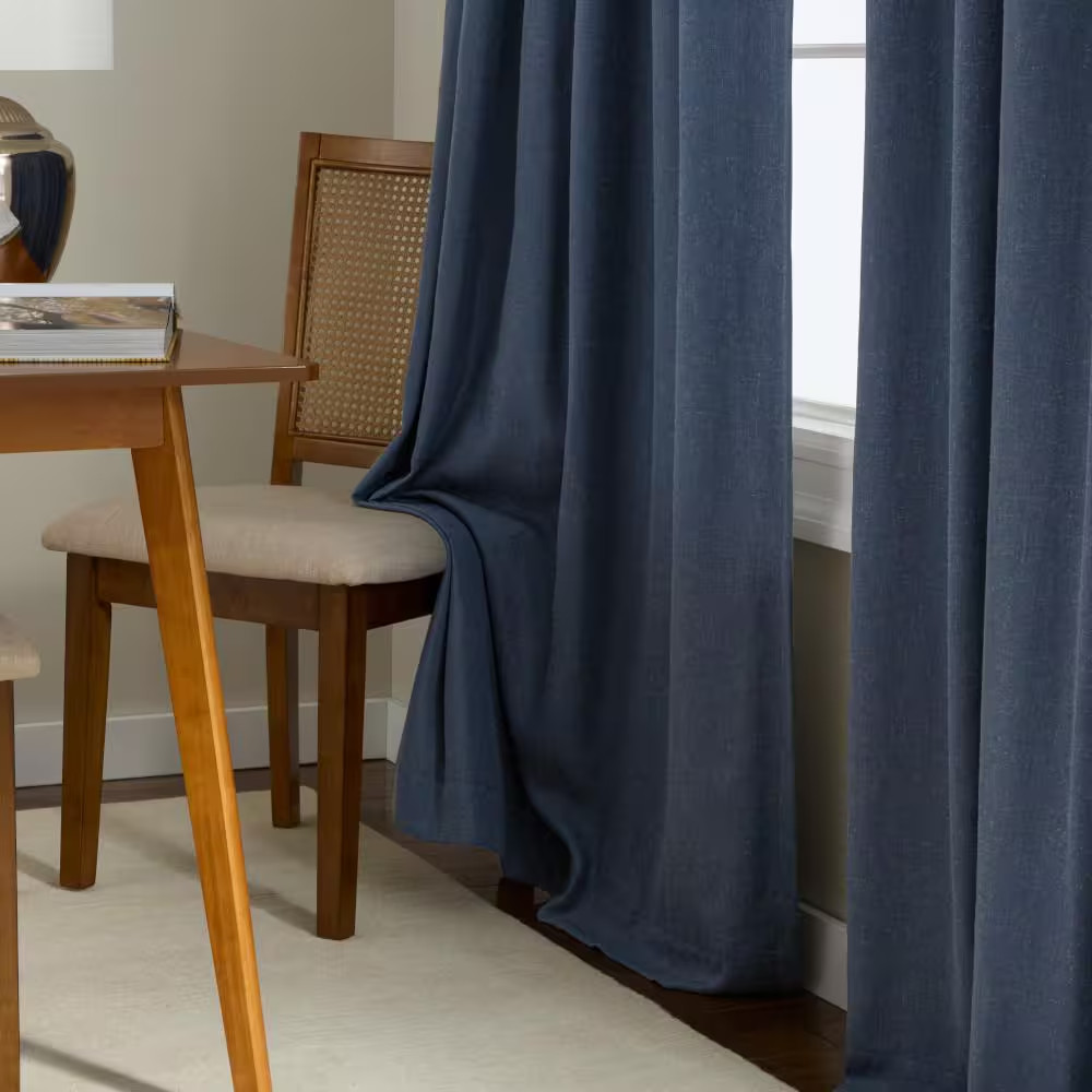 Arlo Solid Linen Texture 50 In. W X 108 In. L Polyester Blackout Navy Blue Curta