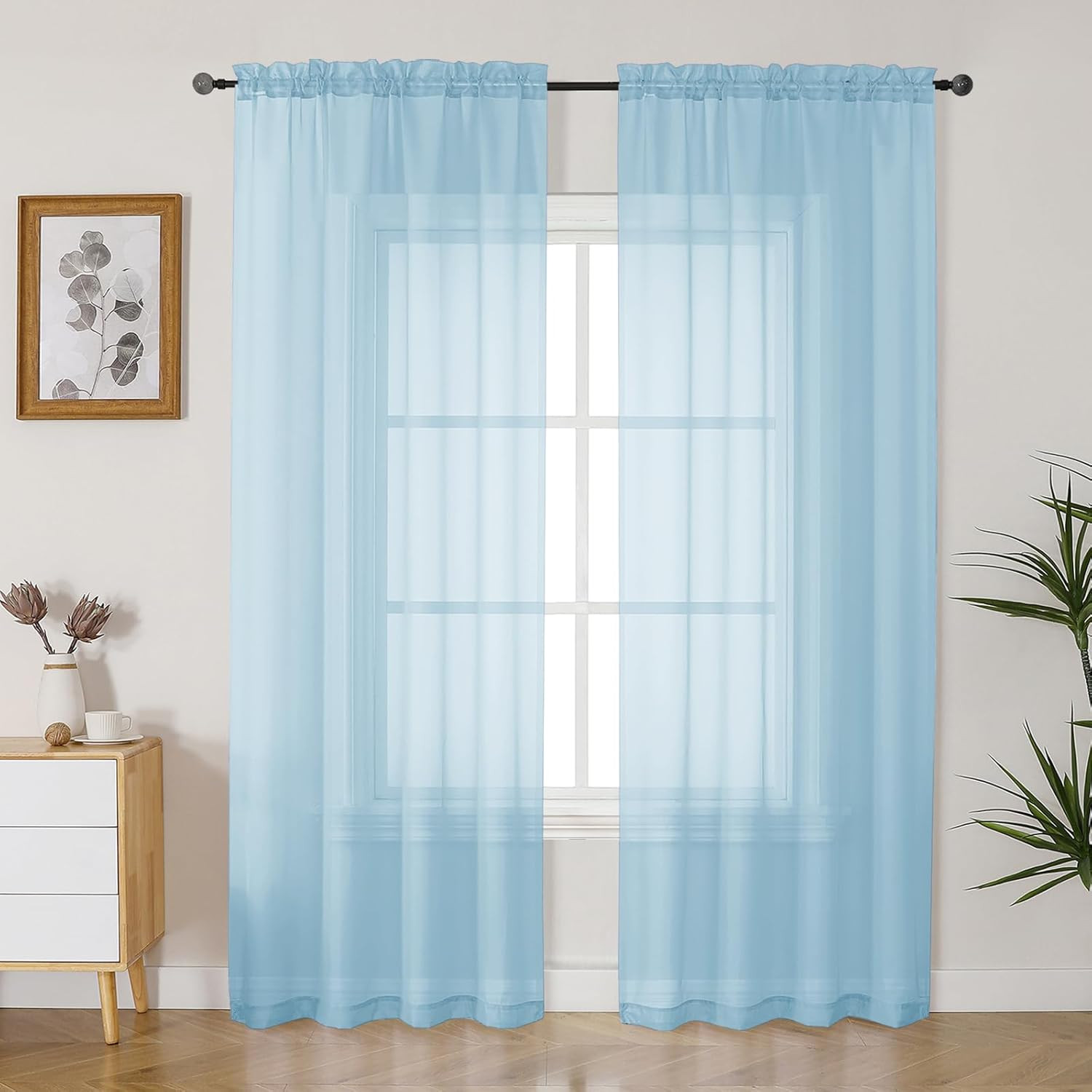 Sky Blue Sheer Curtains 84 Inches Long 2 Panels Set for Living Room, Rod Pocket