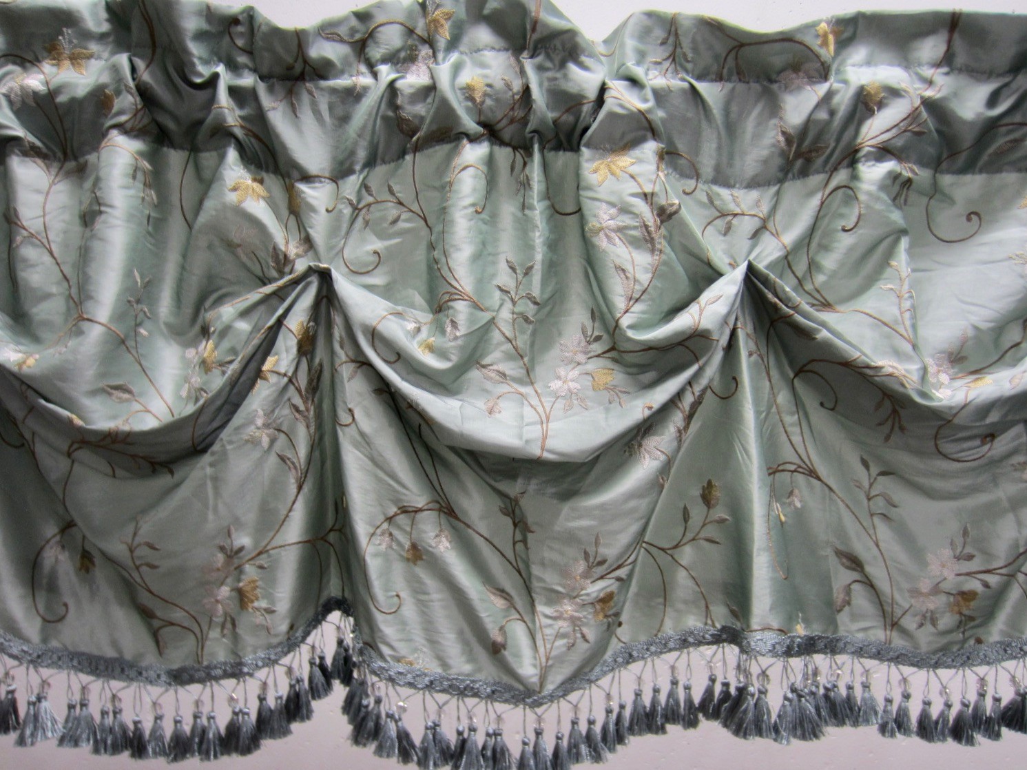 Single Poly SILK Pale Teal Embroidered Austrian Gathered Tassels Valance 56″W