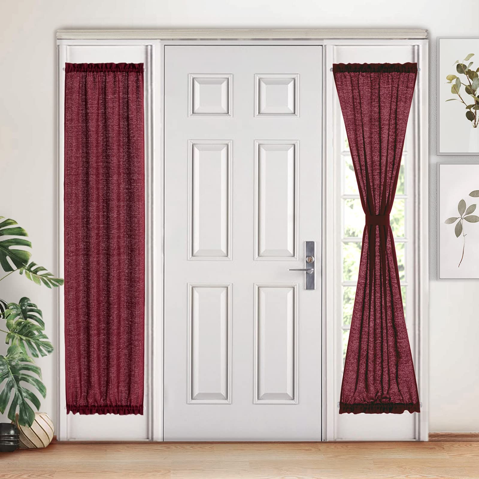 Burgundy Semi Sheer French Door Sidelight Curtains 72 Inches Long Linen Look Fro