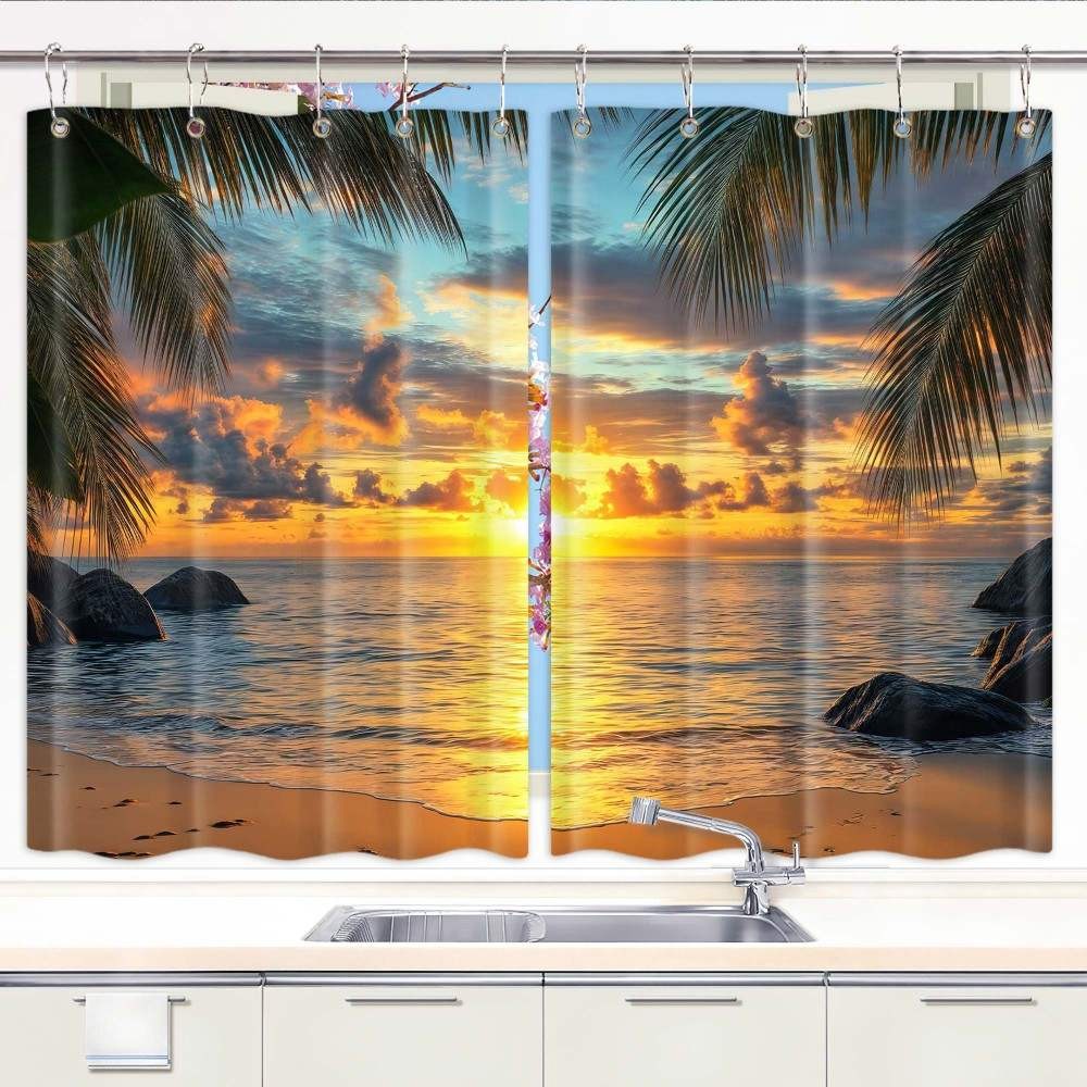 Tropical Style 3D Kitchen Curtains Window Drapes 2 Panel Set with Hooks