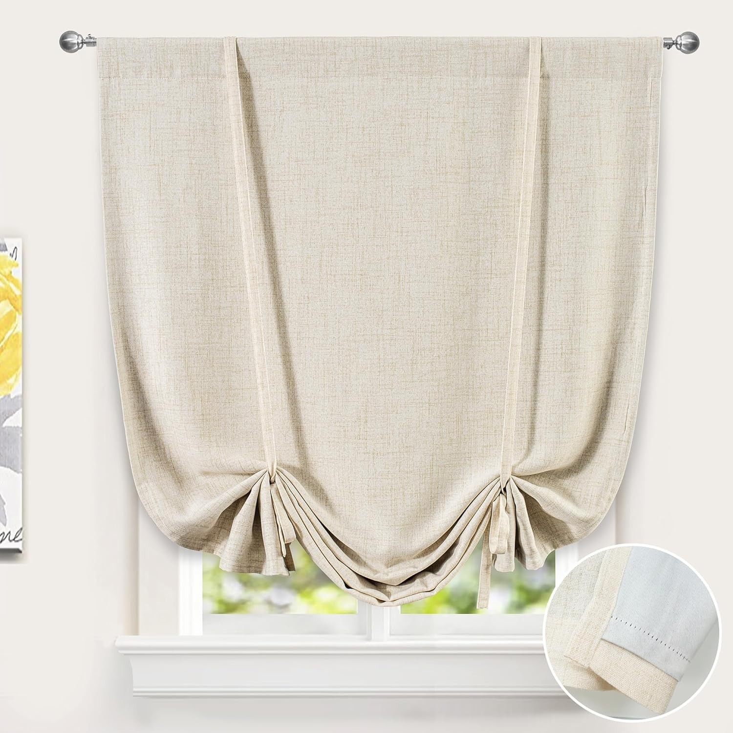Double Layer Linen Blackout Tie Up Curtains Thermal Insulated Fully Lined Bal…