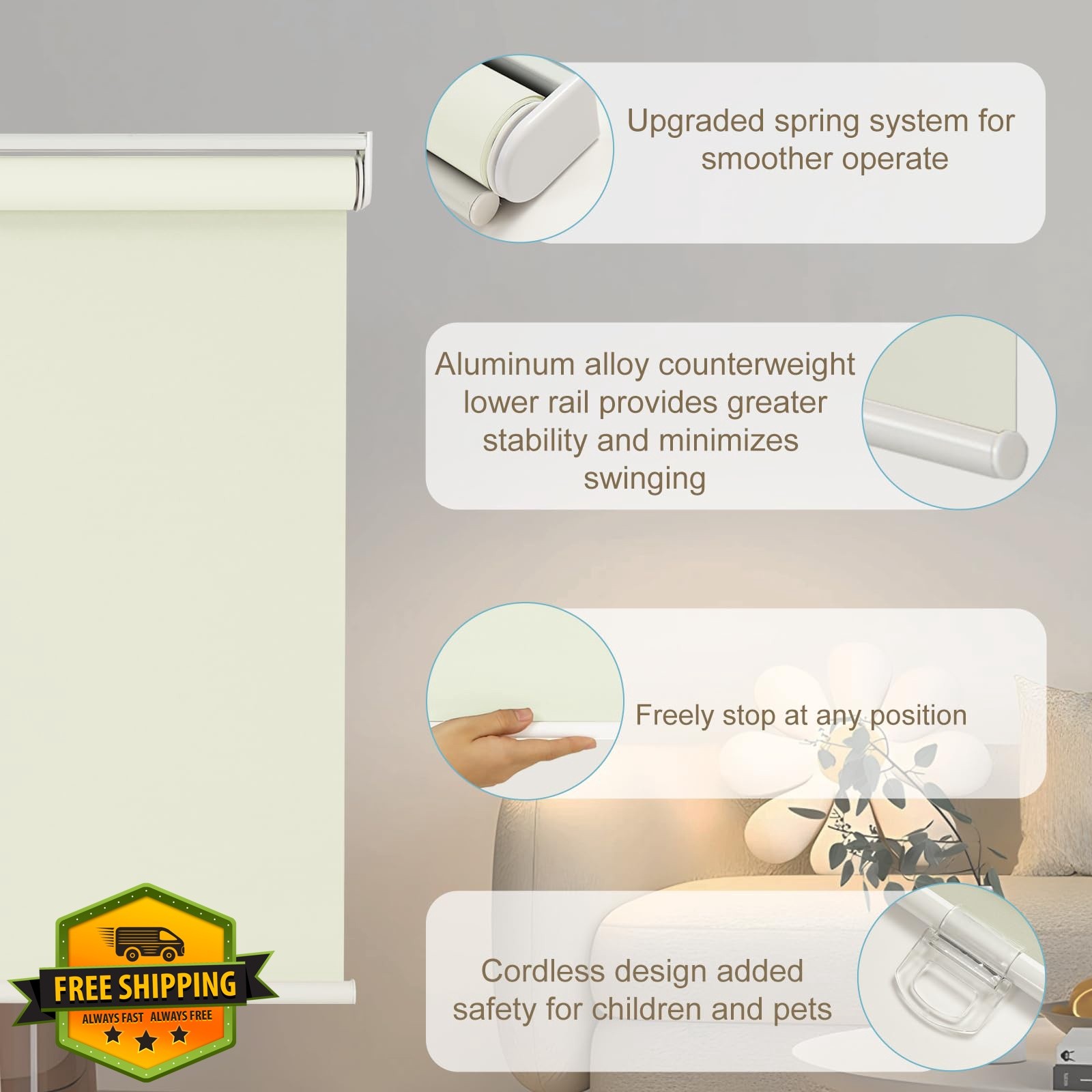 Changshade Roller Shade Beige 20.5×72 Cordless Blackout Insulated