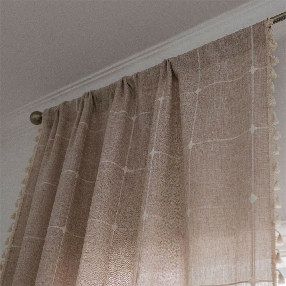 Plain Tassel Curtain Curtain Plaid Embroidery Drape Living Bedroom Decor