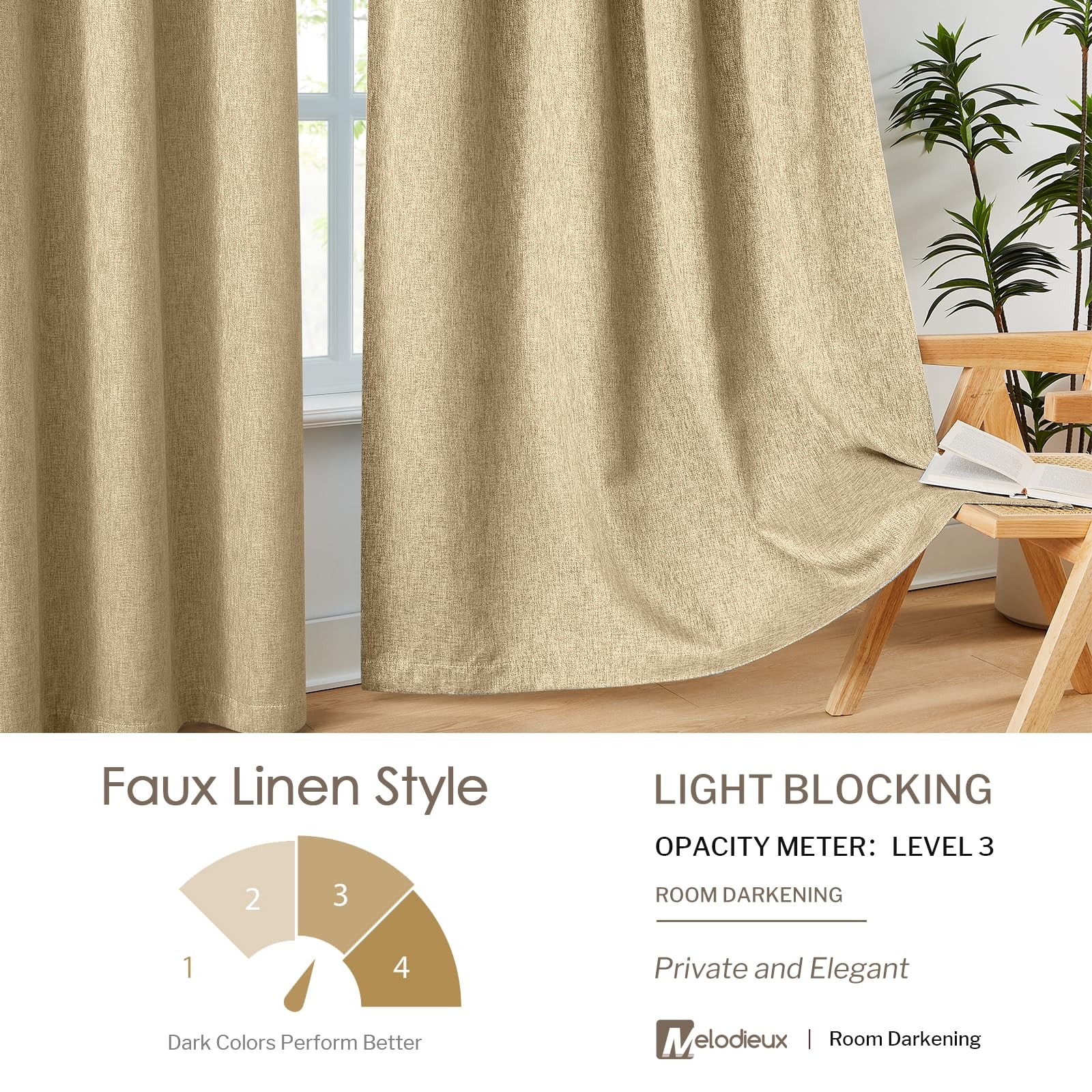 Melodiux Beige Linen Textured Room Darkening 42″W x 63″L (Pack of 2),