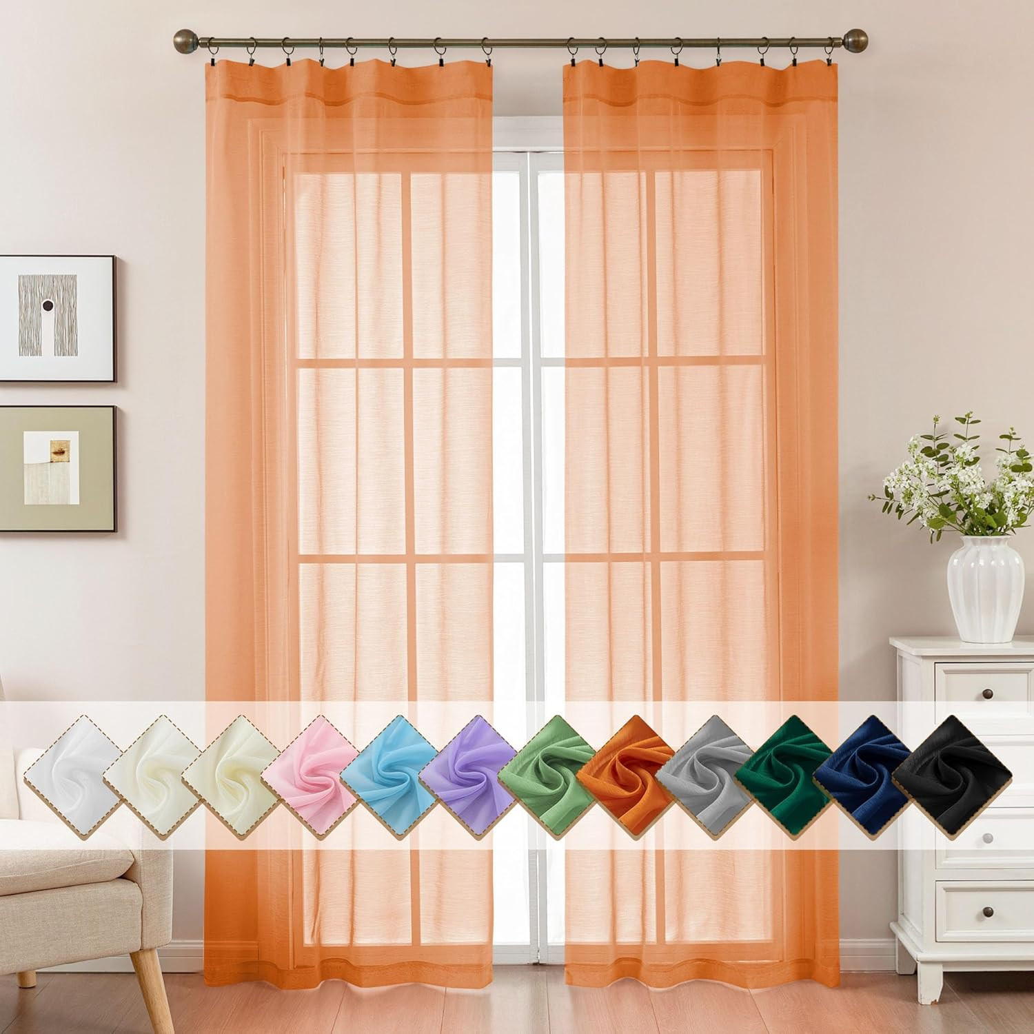Orange Sheer Curtains 84 Inches Long, Privacy Semi Sheer Curtains for Living Roo