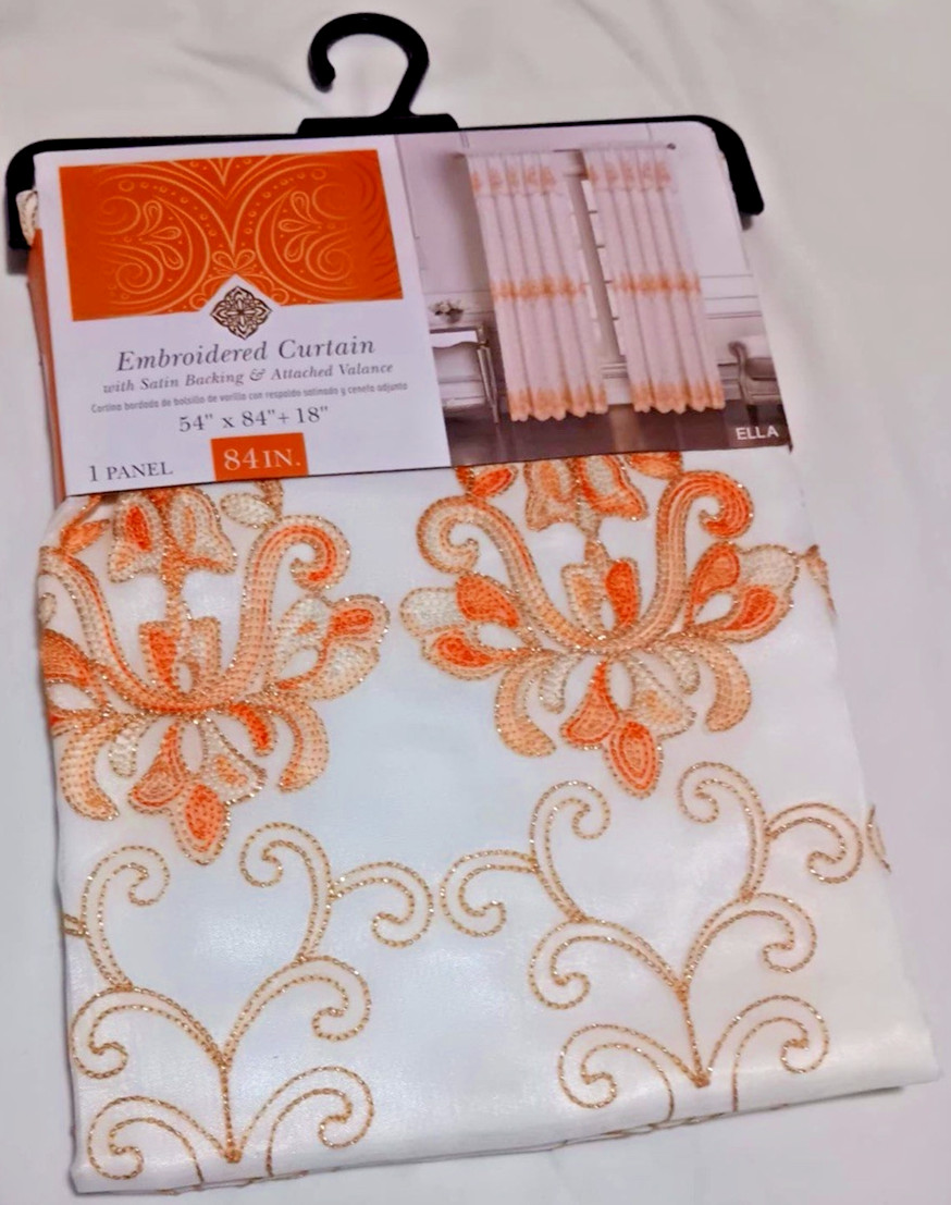 Embroidered Curtain with satin backing & attached valance one panel each orange