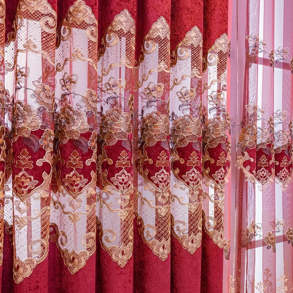 Elkca European Style Festival Burgundy Red Embroidered Chenille Curtain For