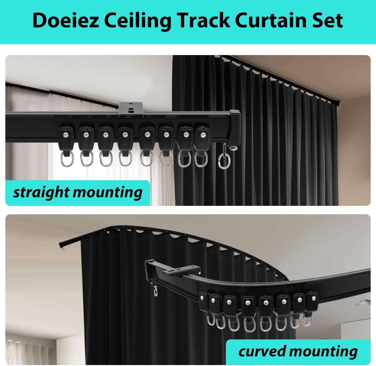 Room Divider Blackout Curtains Flexible Sliding Tracks Sets Ceiling Mounted Rod
