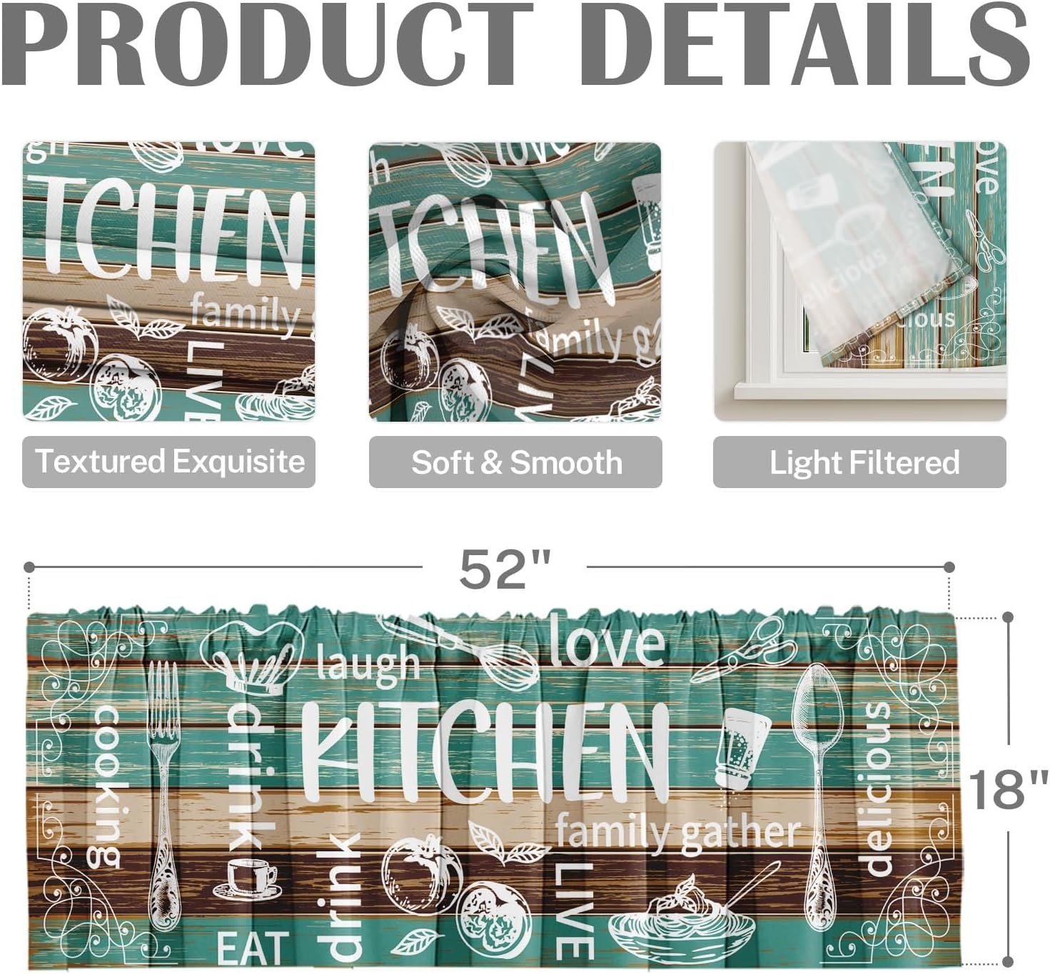 2 Pack Valances Window Treatments Teal & Brown Farmhouse Kitchen Cooking