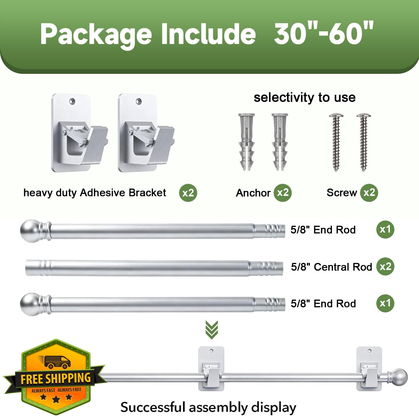 EKOTTOK Heavy Duty Curtain Rods No Drilling for Windows 30 to 60 Inches,5/8 I…