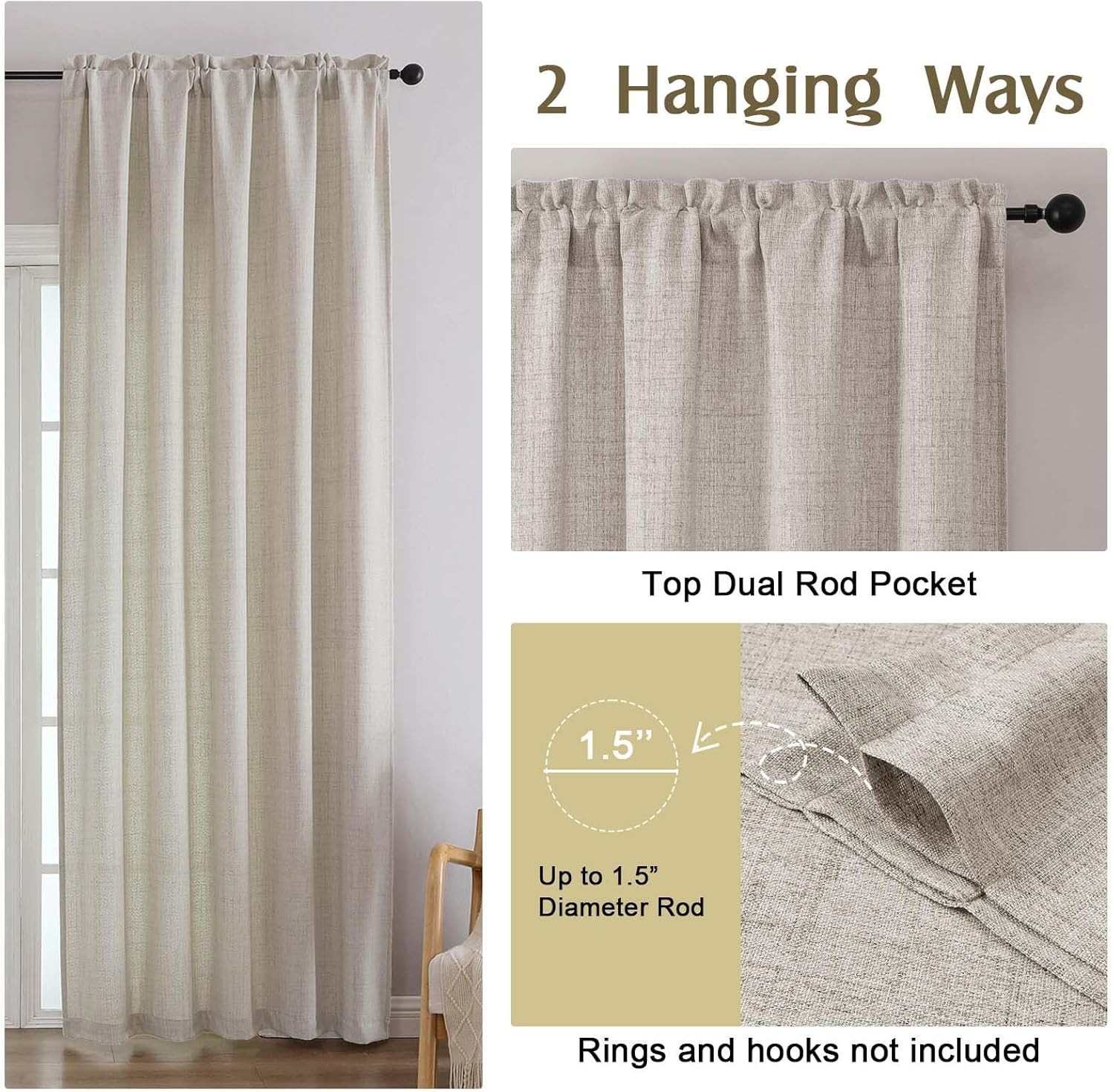 Linen Kitchen Window Curtains Tier 36 Inch Length 2 Panels, Faux Linen Textured