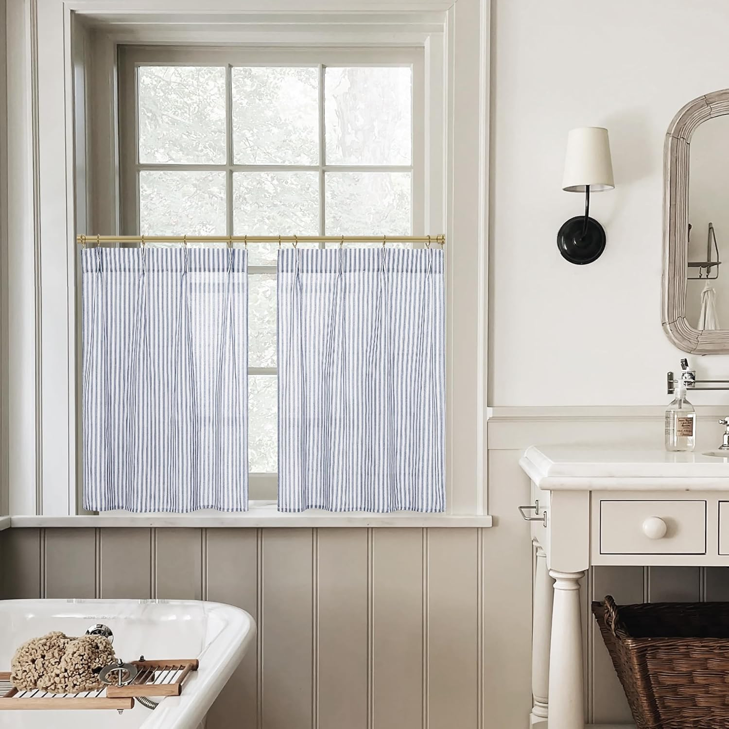 Bathroom Curtains Window,Short 36 Inch Length Blue and White Striped Rustic Farm
