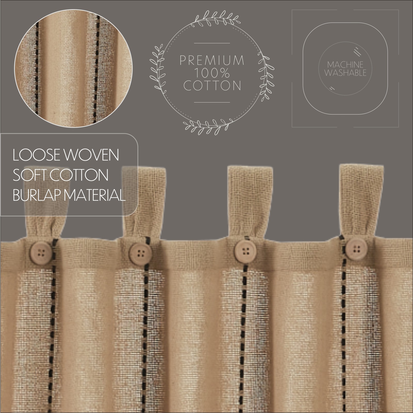 Farmhouse 24″x36″ Tier Pair Tan Tab Top Kitchen Window Curtains VHC Brands