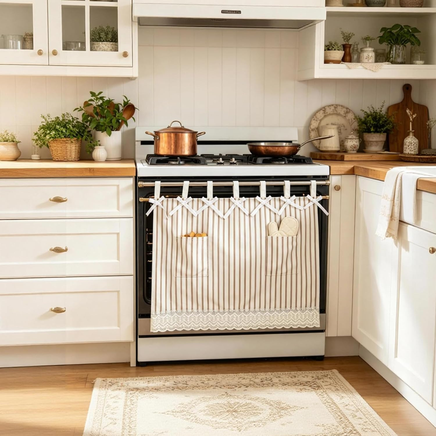 Oven Curtain Skirt – Hook and Loop Straps Stove Curtain with Pockets Stripe Oven