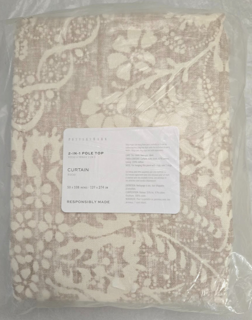Pottery Barn 2-in-1 Pole Top Bernyce Lined 1-Curtain 50″ x 108″ Flax