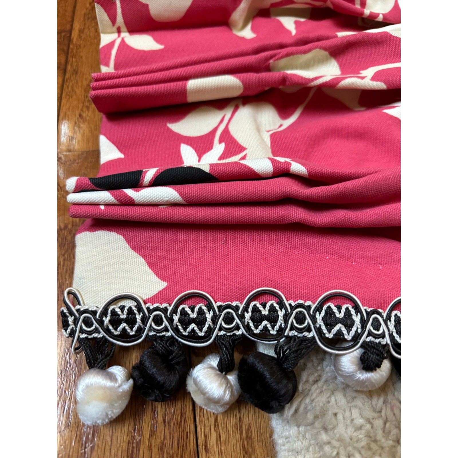 2 Custom Pair drapes pink Black White Curtains Pink Pom Poms luxury set pleated
