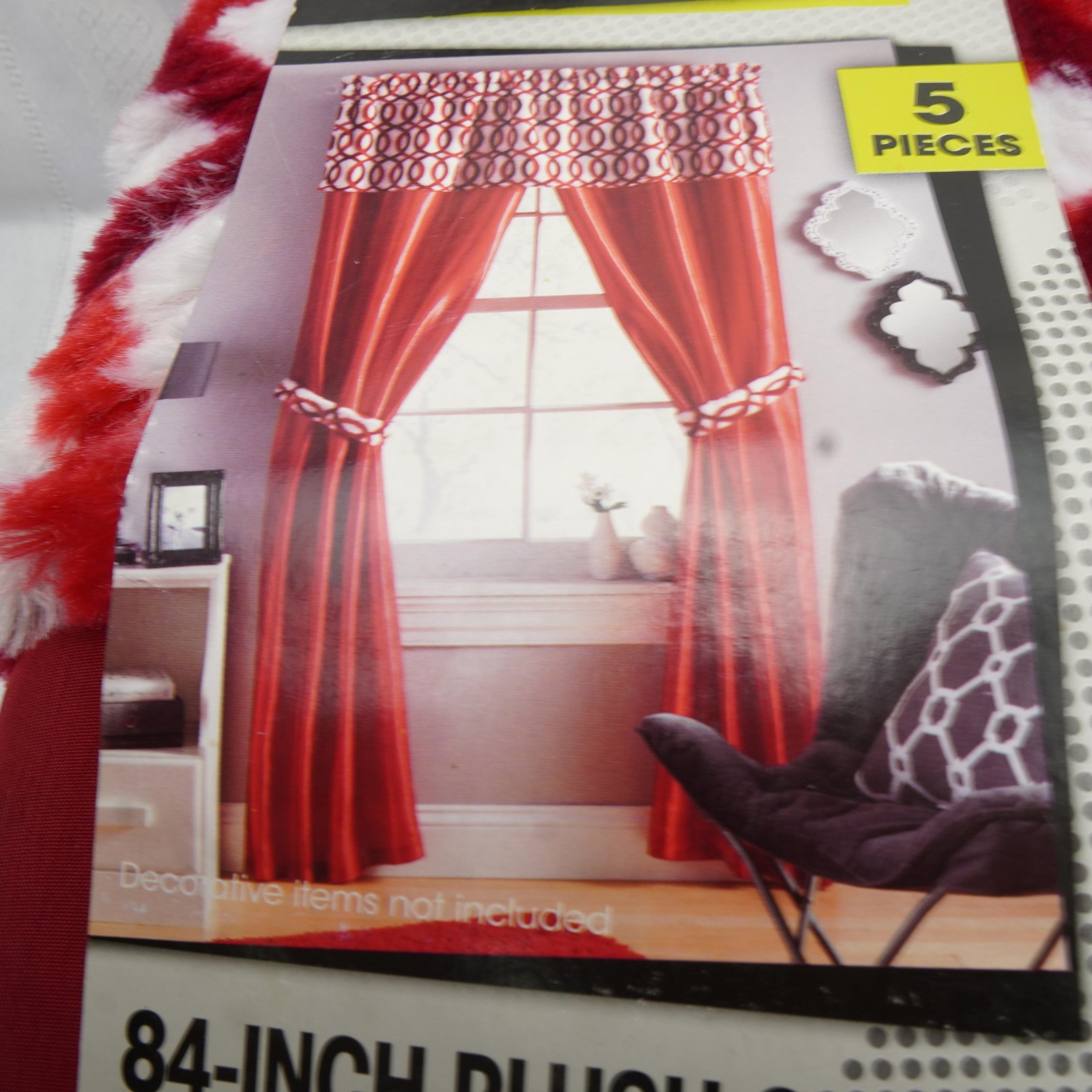 Your Zone 84-Inch Plush Circles Window Set 5 Piece Red Curtains Valance Tiebacks