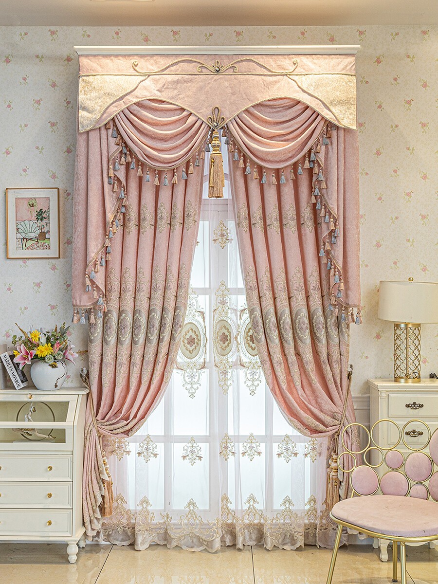Custom high-end embroidery Chenille pink cloth curtain valance drape vintage [