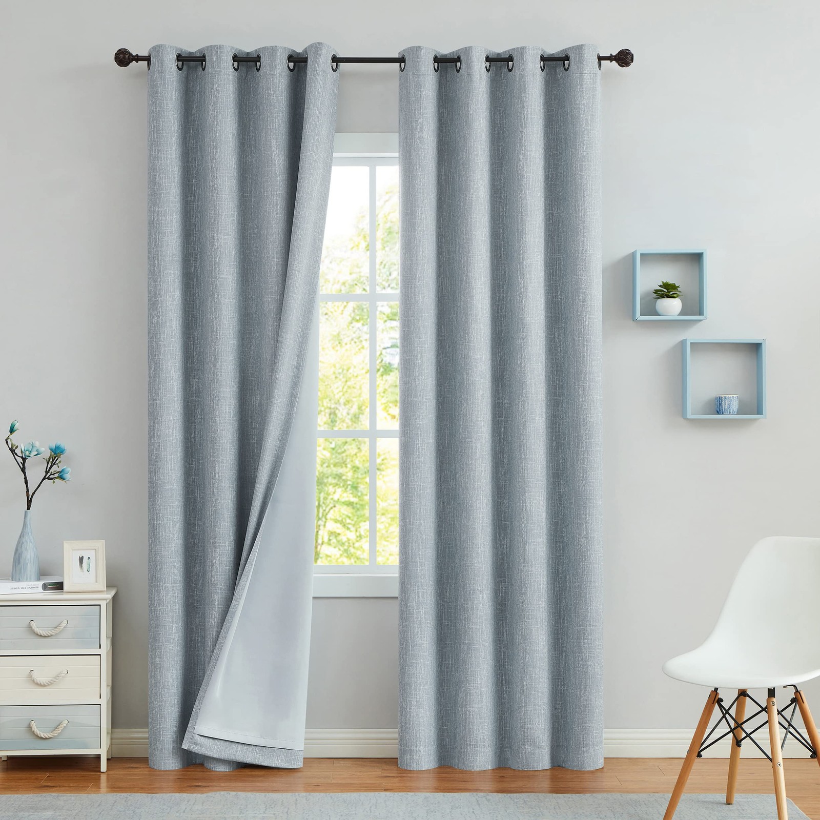 Central Park Blue Solid Full Blackout Curtain Heavy Linen Texture Window