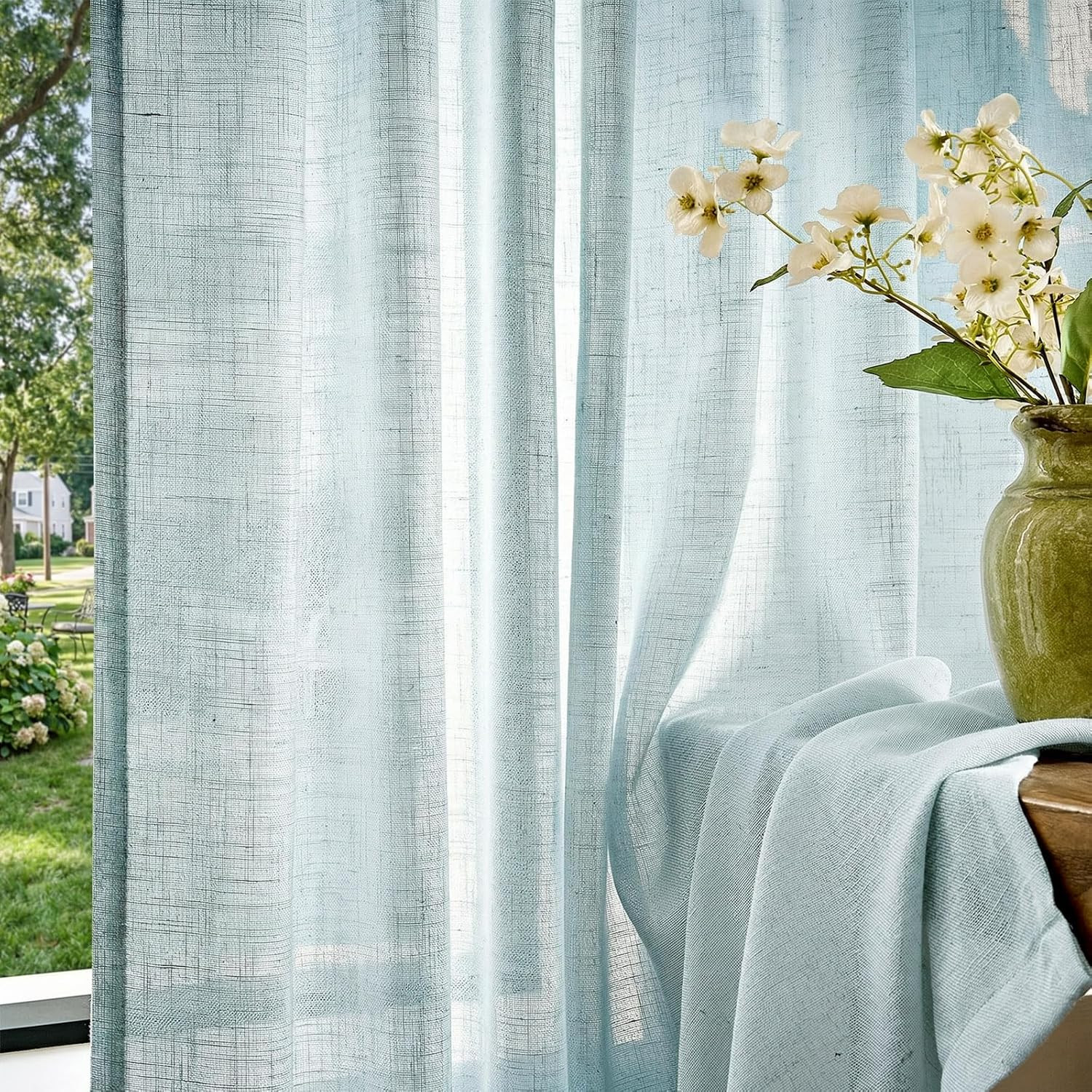 jinchan Blue Pinch Pleated Linen Curtains for Living Room Curtains 84 Inches Lon