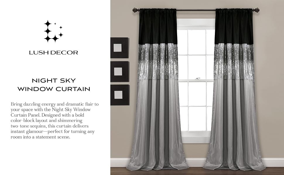 Night Sky Window Curtain Panel, Single, 42″ W x 108″ L, Black & Gray – Sequin