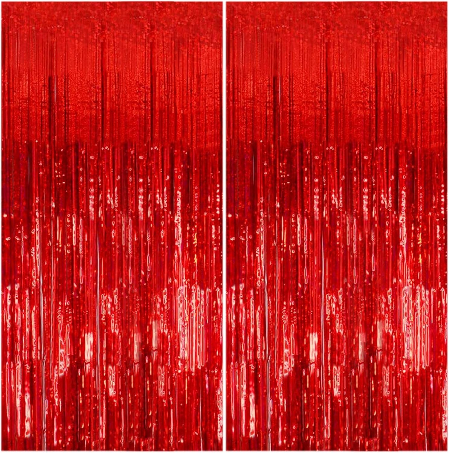 2 Pack Foil Curtain Backdrop Red Metallic Tinsel Foil Fringe Curtains Photo B…