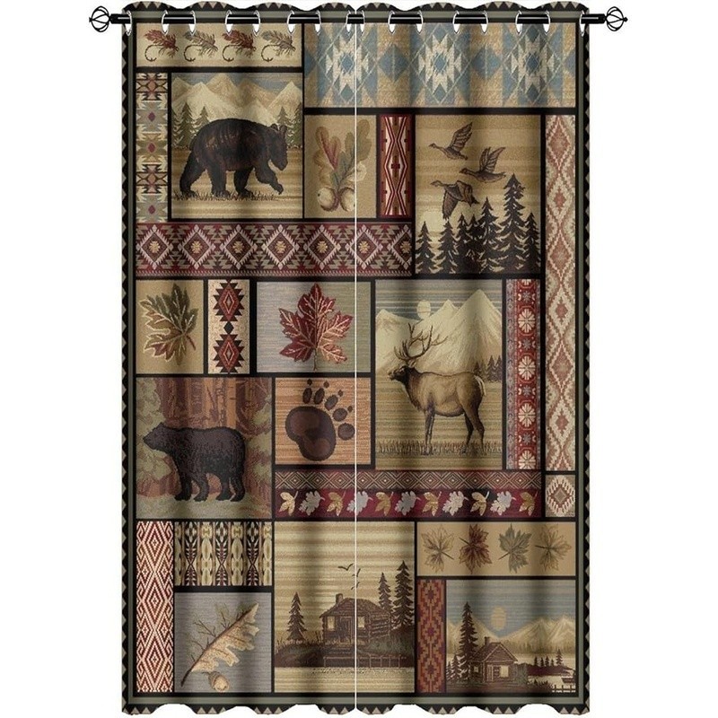 Vintage Deer Bear Blackout Curtains Grommet Soft Polyester Room Darkening New