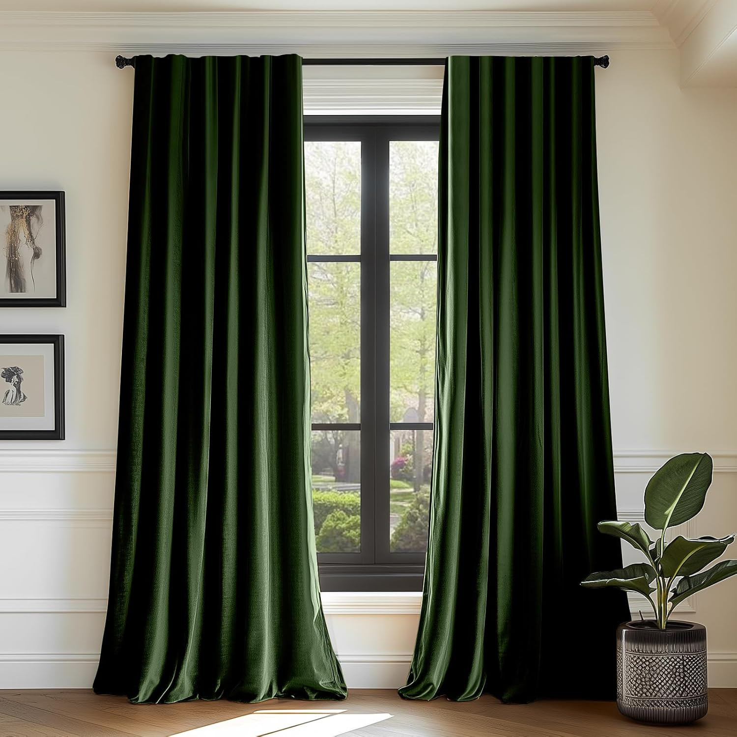 Moss Green Velvet Thermal Insulated Curtains 96″ Darkening Drapes, Set of 2