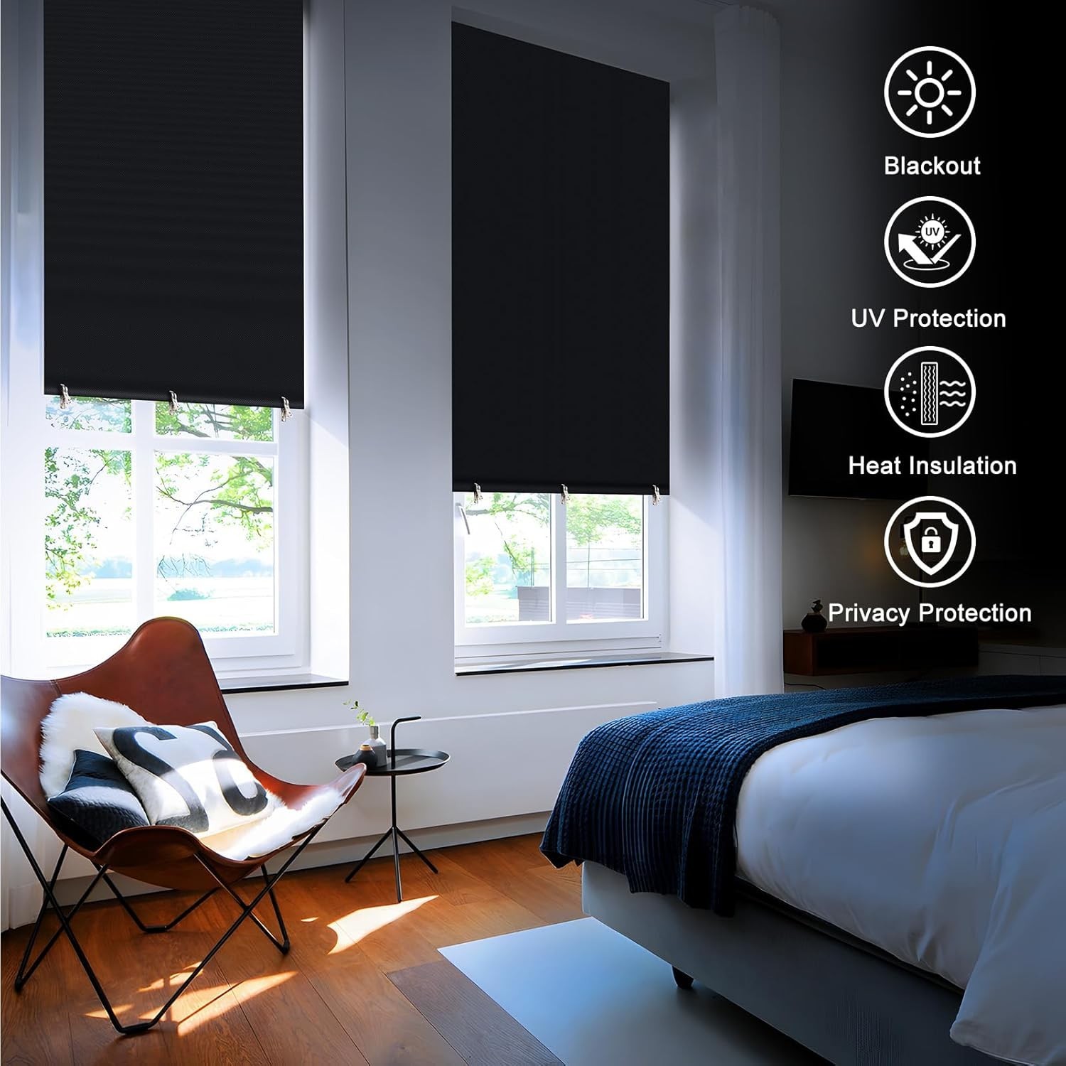 2 Pack Blackout Curtains for Bedroom, Self Adhesive Indoor Blackout Blinds, N