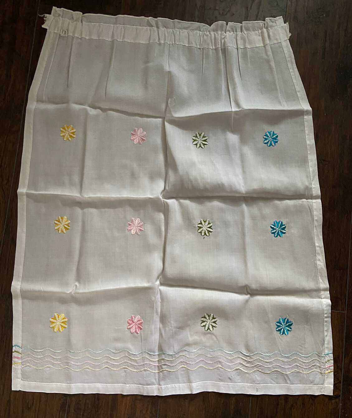 Vintage White Curtains W/Valence Embroidered Multi Colored Floral Design vg