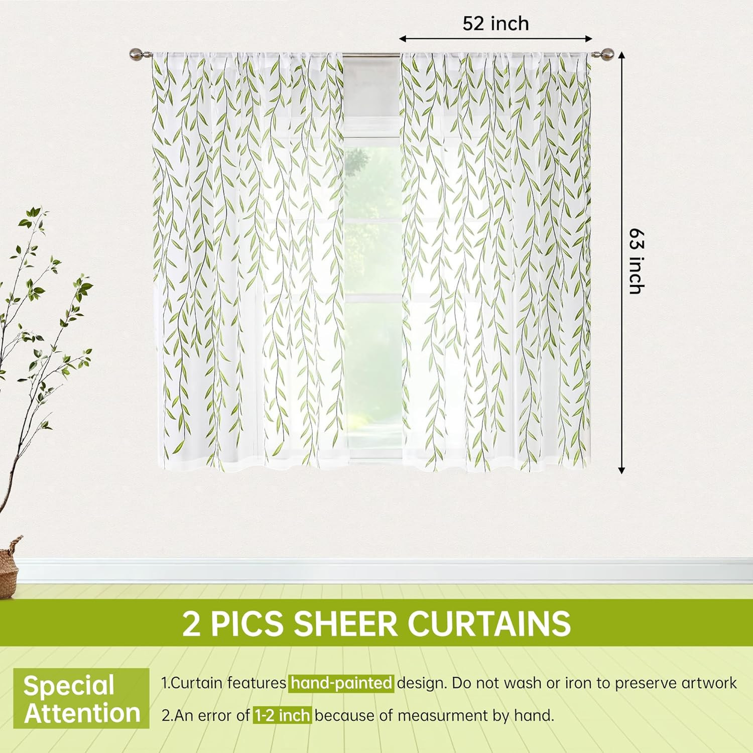 Short Sheer Curtains 2 Panel Set,Green Print Curtains Sheer Leaf Pattern White S