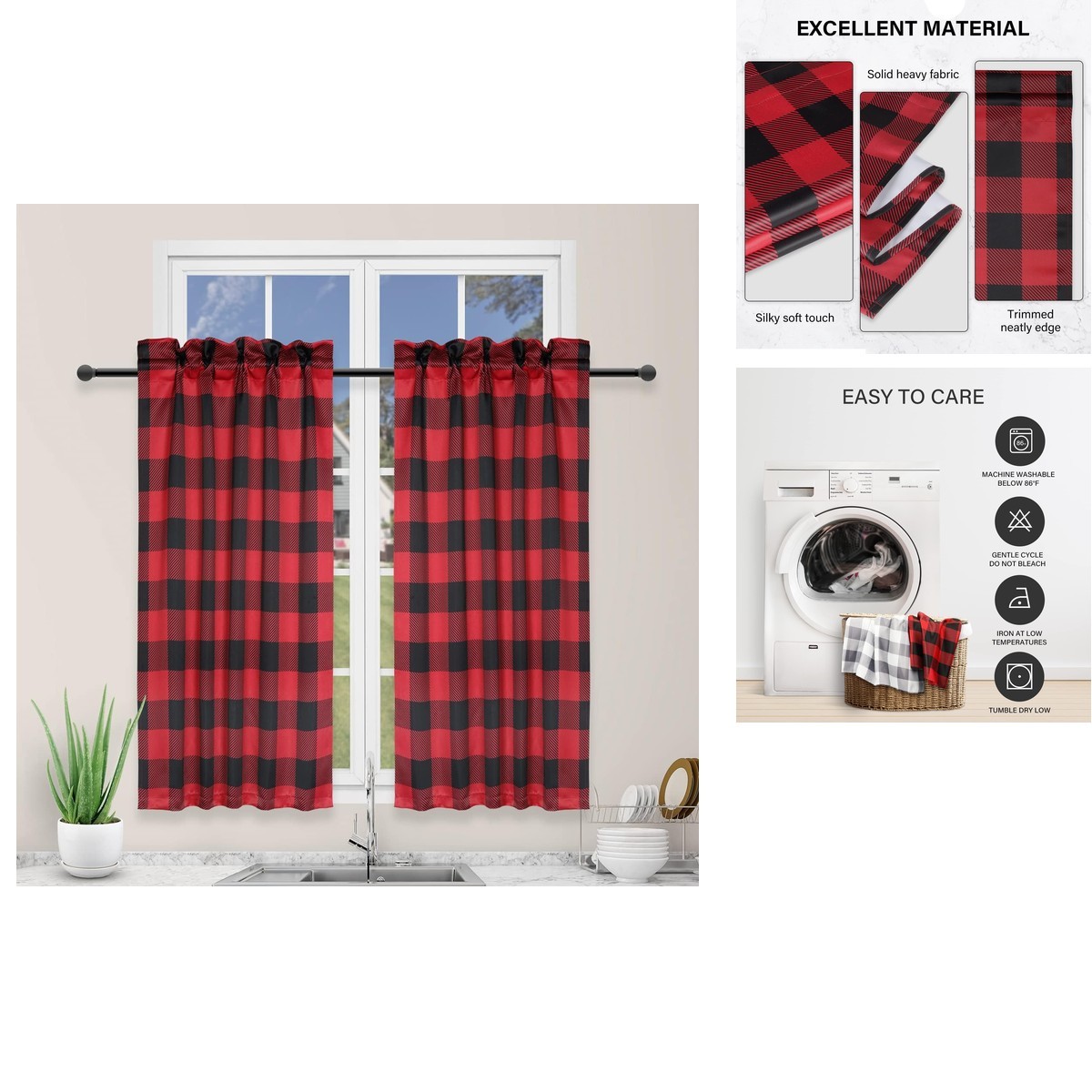 Simple Deluxe 2 Pcs Buffalo Check Kitchen Tier Curtains Plaid Gingham Short