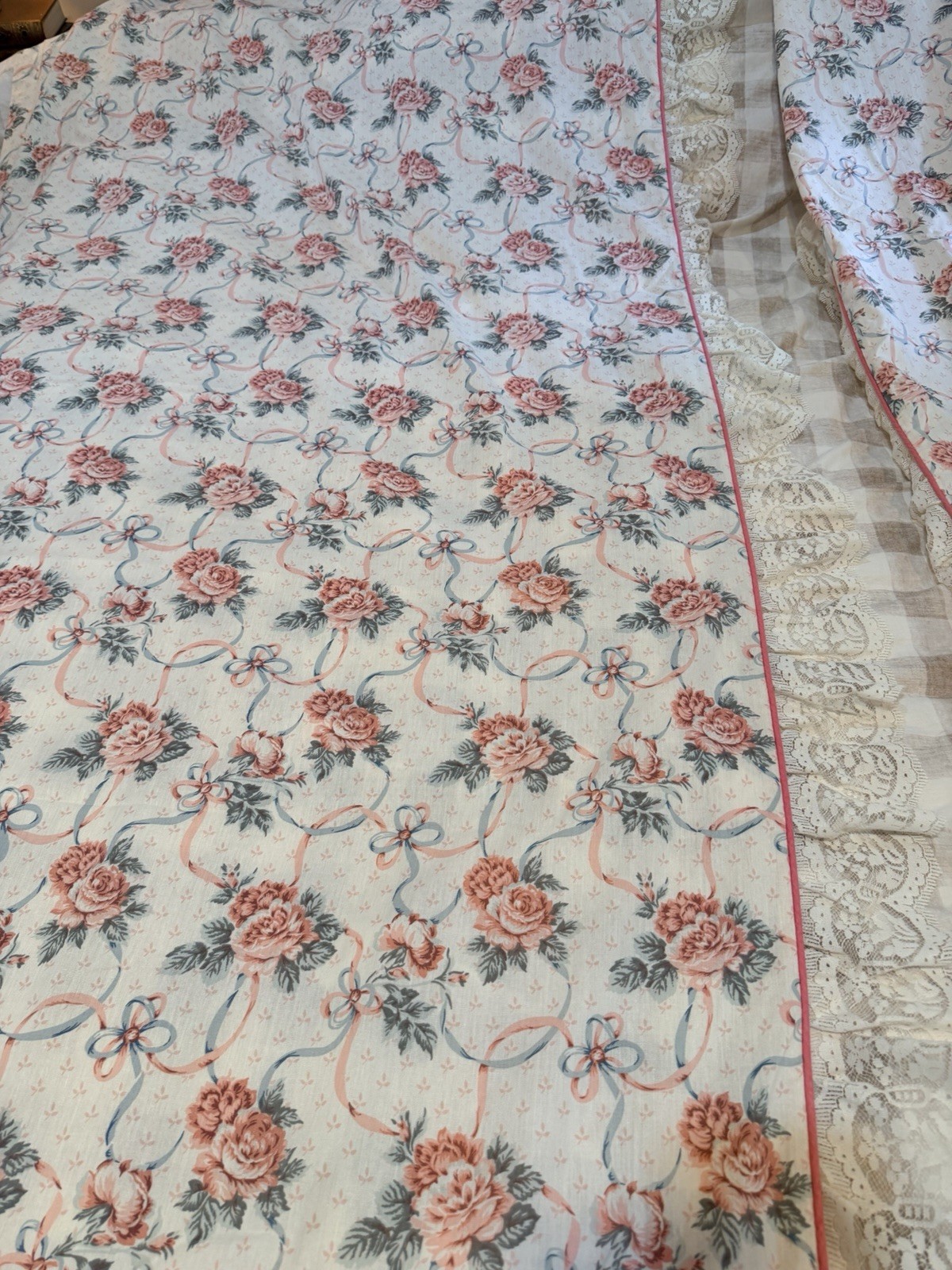Curtains Lace Pink Floral 2 Panels 44” x 83”Made In USA Vintage lace 80s chic