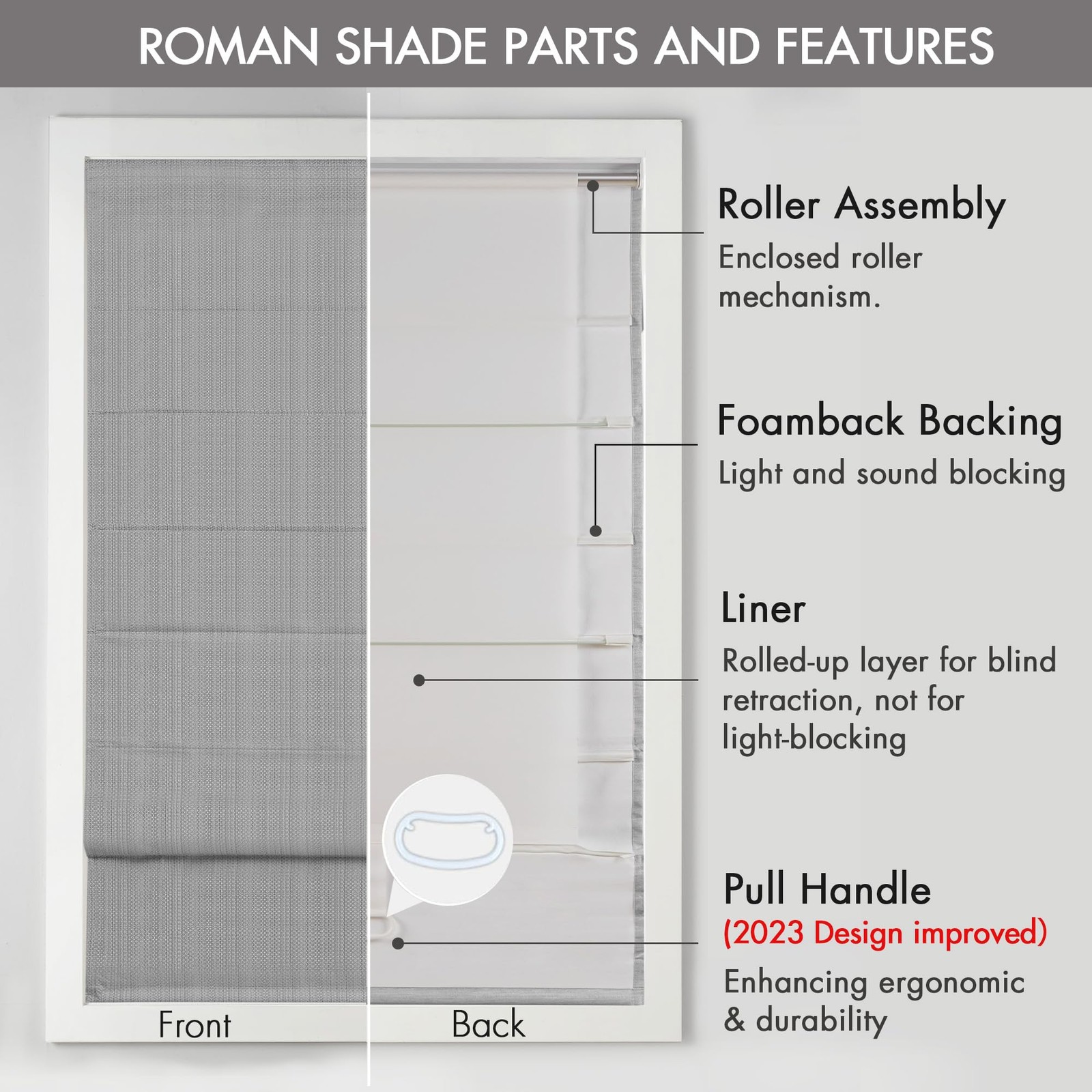 Madison Park Galen Cordless Roman Shade 23W X 64H Sheen Grey Room Darkening