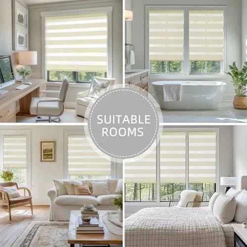 Cordless Zebra Blinds for Windows, Dual Layer Free-Stop 25″W x 72″H Beige
