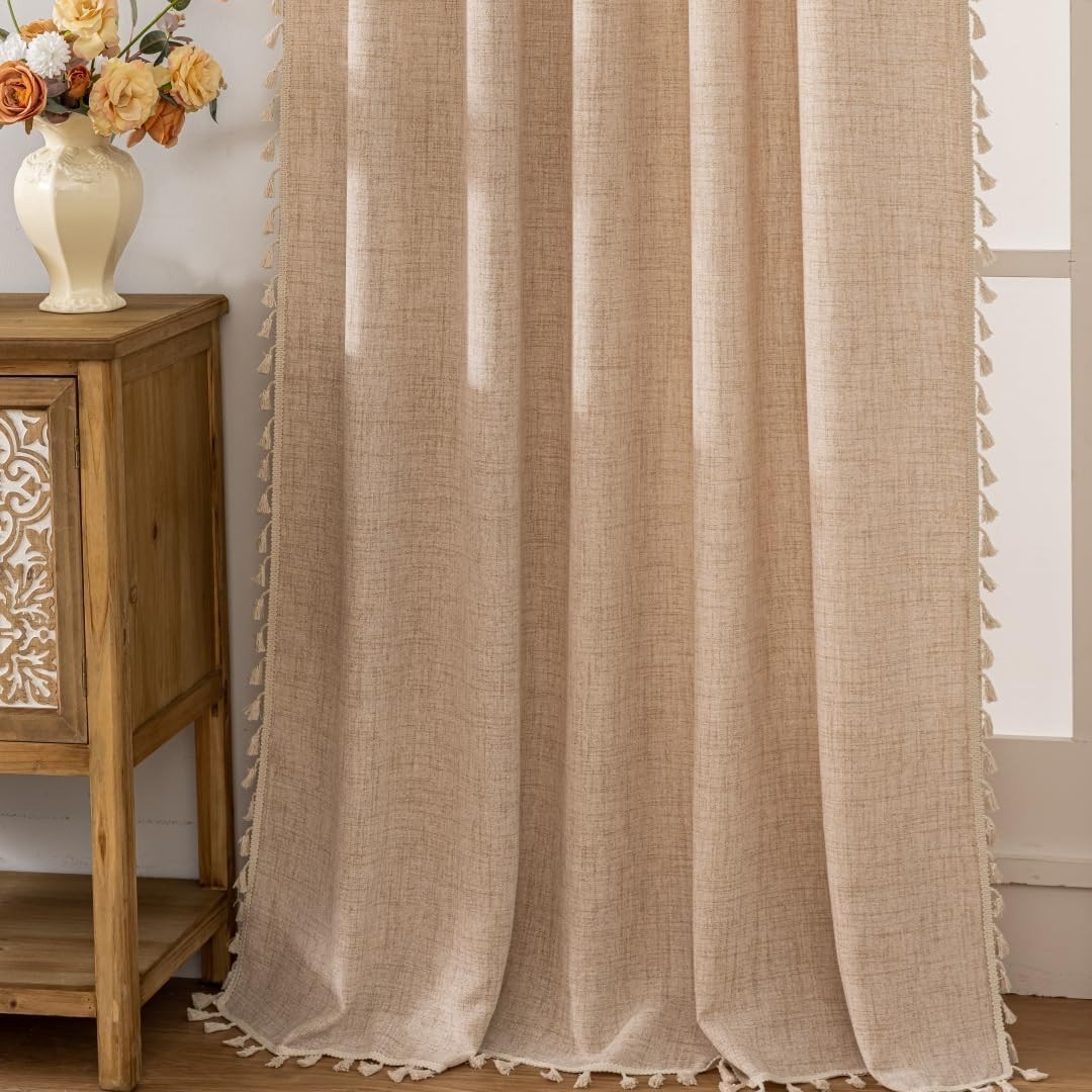 Boho Beige Curtains 94 In Long Bohemia Linen Curtains for Bedroom Living Room