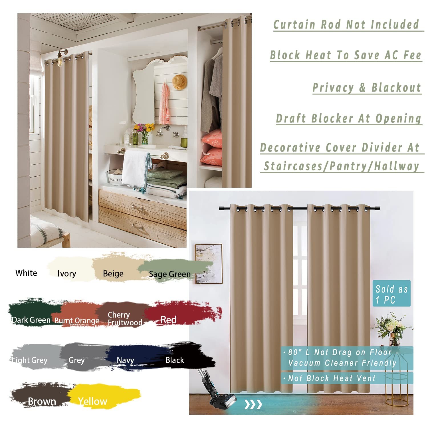 Sliding Closet Door Curtains 80 Inch Length,Single Curtain Panel,Waterproof Insu