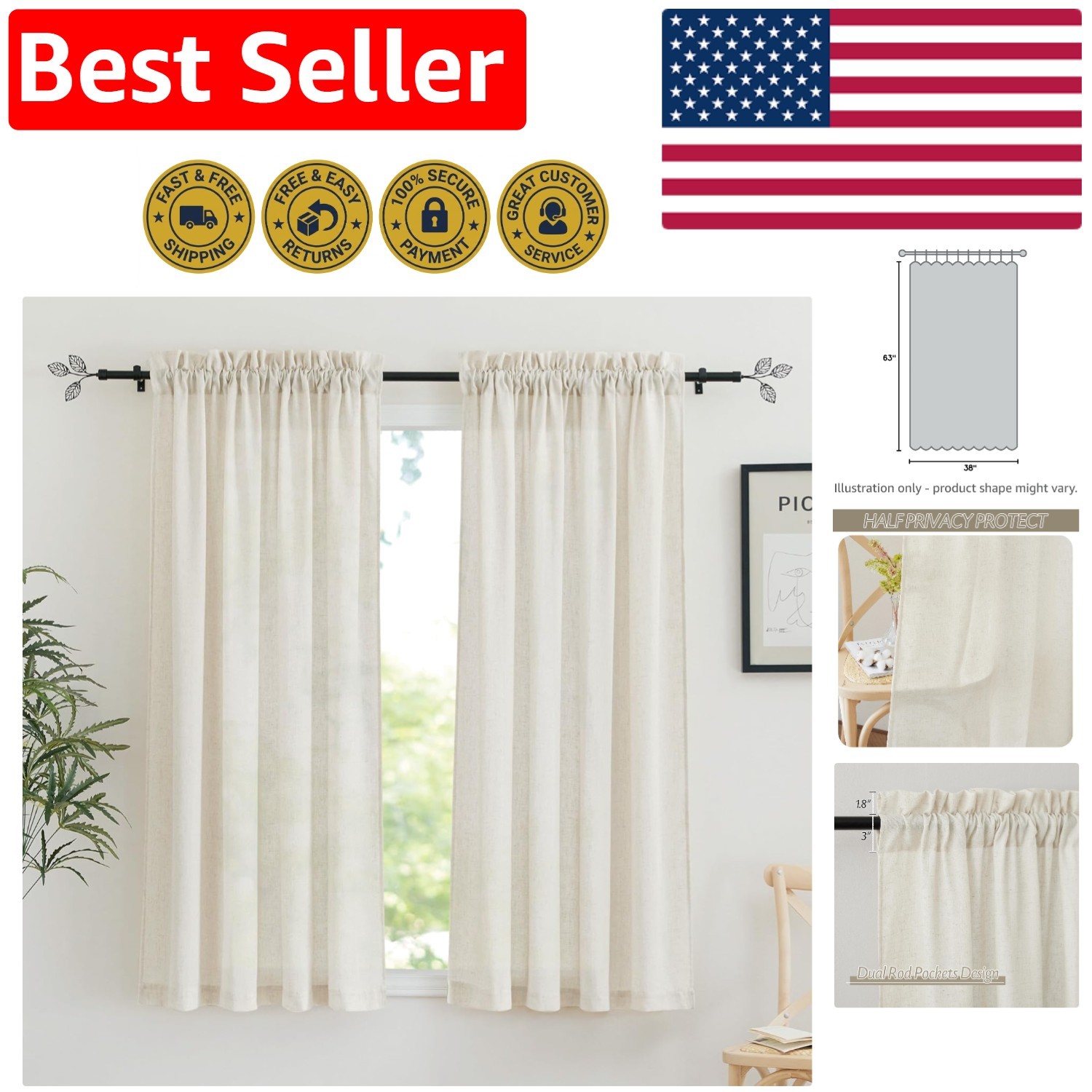 Farmhouse Style Linen Sheer Drapes 2 Panels – Light Filtering Privacy 38″ x 63″