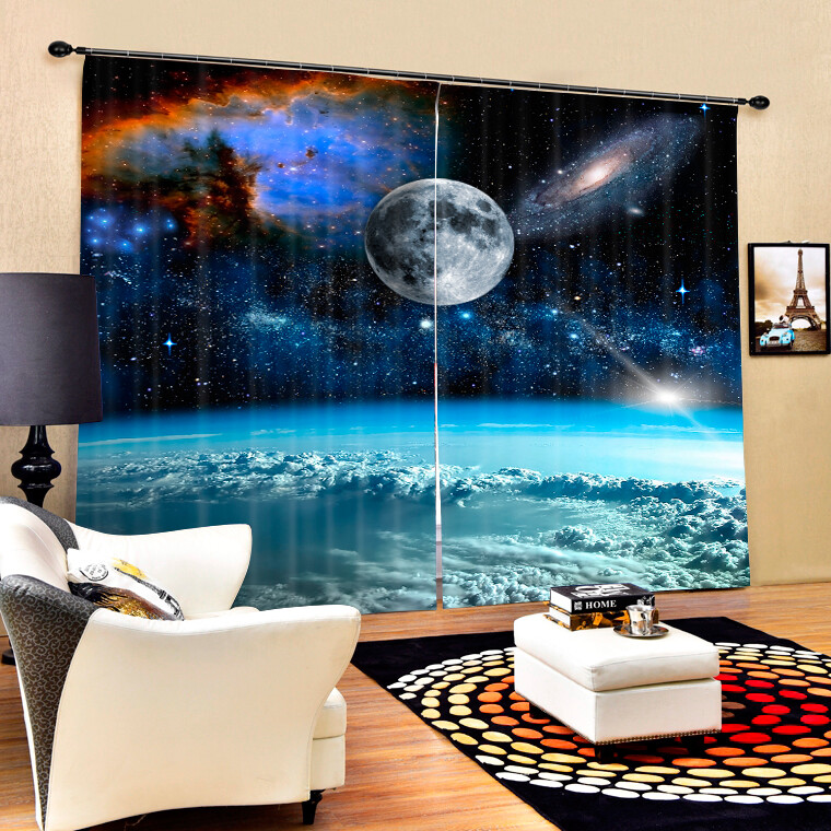 Outer Space Galaxy Planet 3D Printing Window Curtains Blockout Drapes Fabric