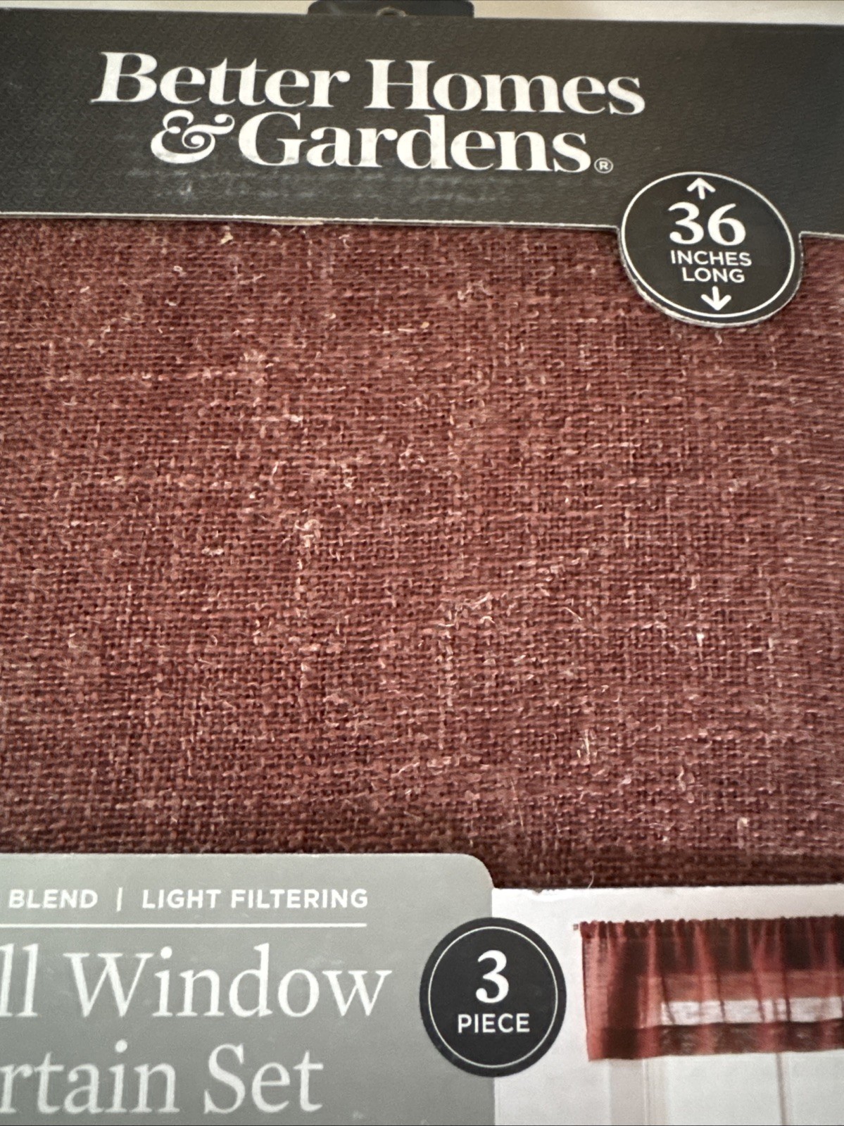 Better Homes & Gardens 3 Piece red linen blend light filtering 30″x36″ Curtain