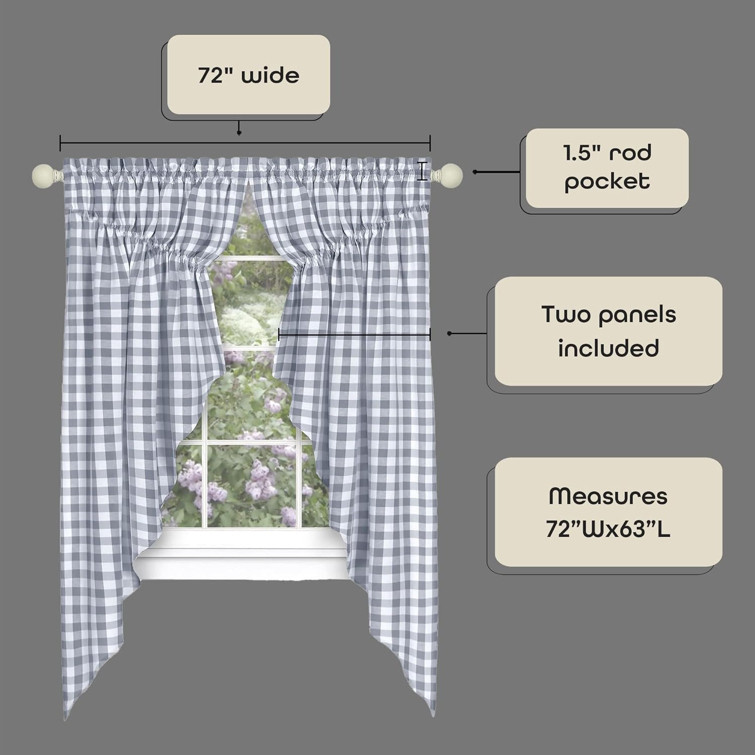 Buffalo Check Gathered Swag Window Curtain Pair – 72 Inch Width, 63 Inch Length