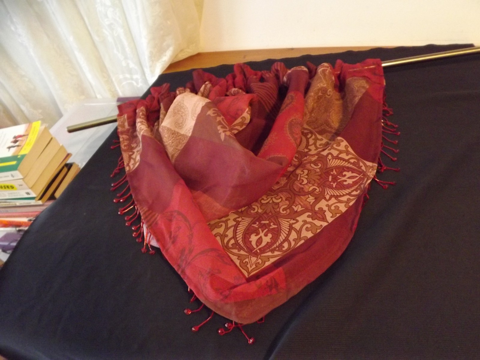 RENAISSANCE HOME sheer ASCOT VALANCE patchwork BEADED burgandy & maroon 3 availa