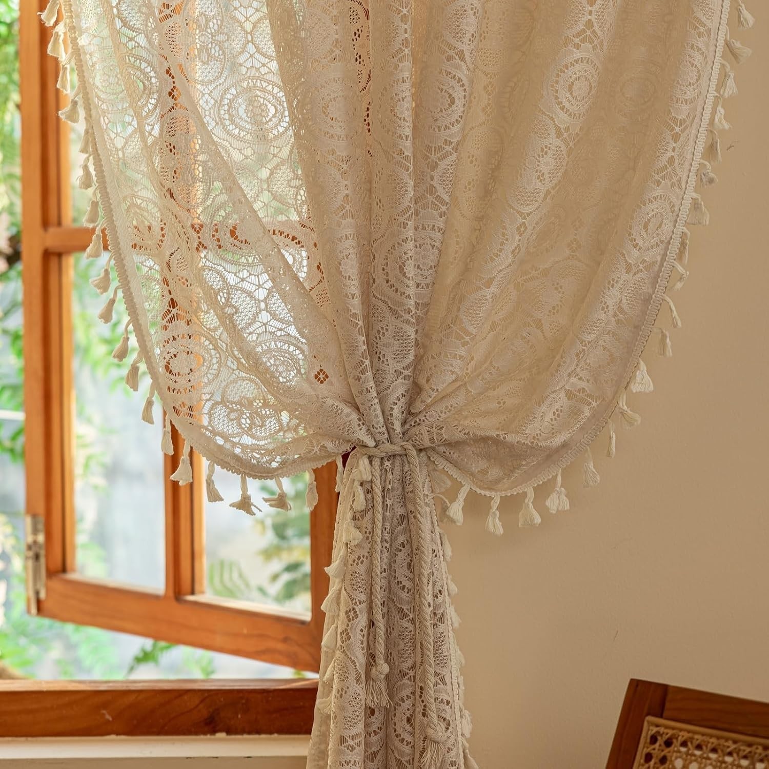 Boho Lace Curtains 90 inches Long 2 Panels -Vintage Floral Crochet Sheer Pane…