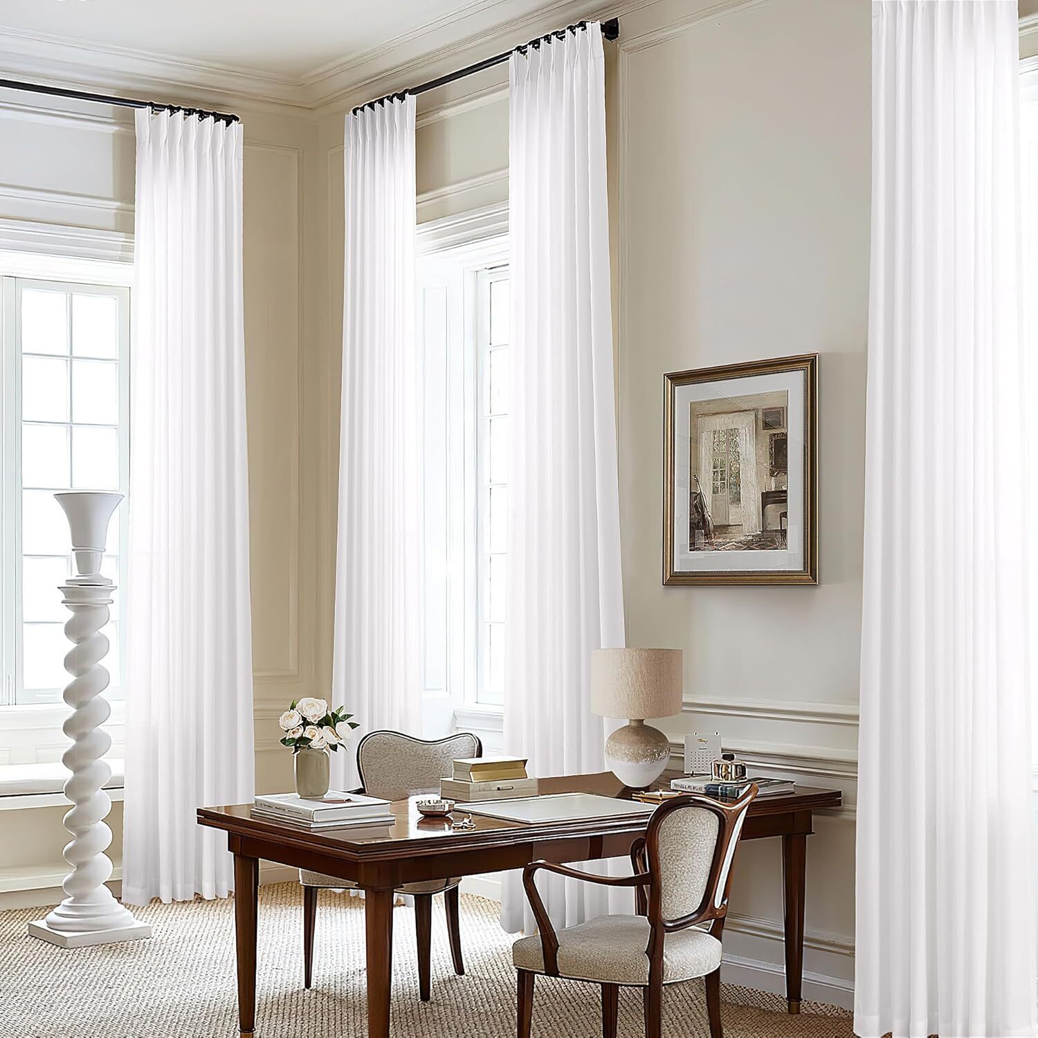 White Pinch Pleated Linen Curtains 96 Inches Long for Living Room Bedroom Cotton