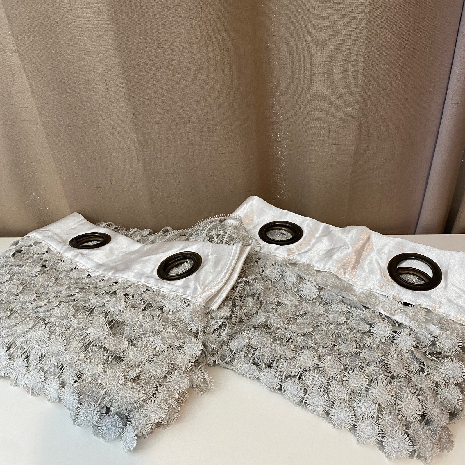 Silver Gray Boho Macrame Crochet Lace Sheer Curtain Panels Set of 2 82×55