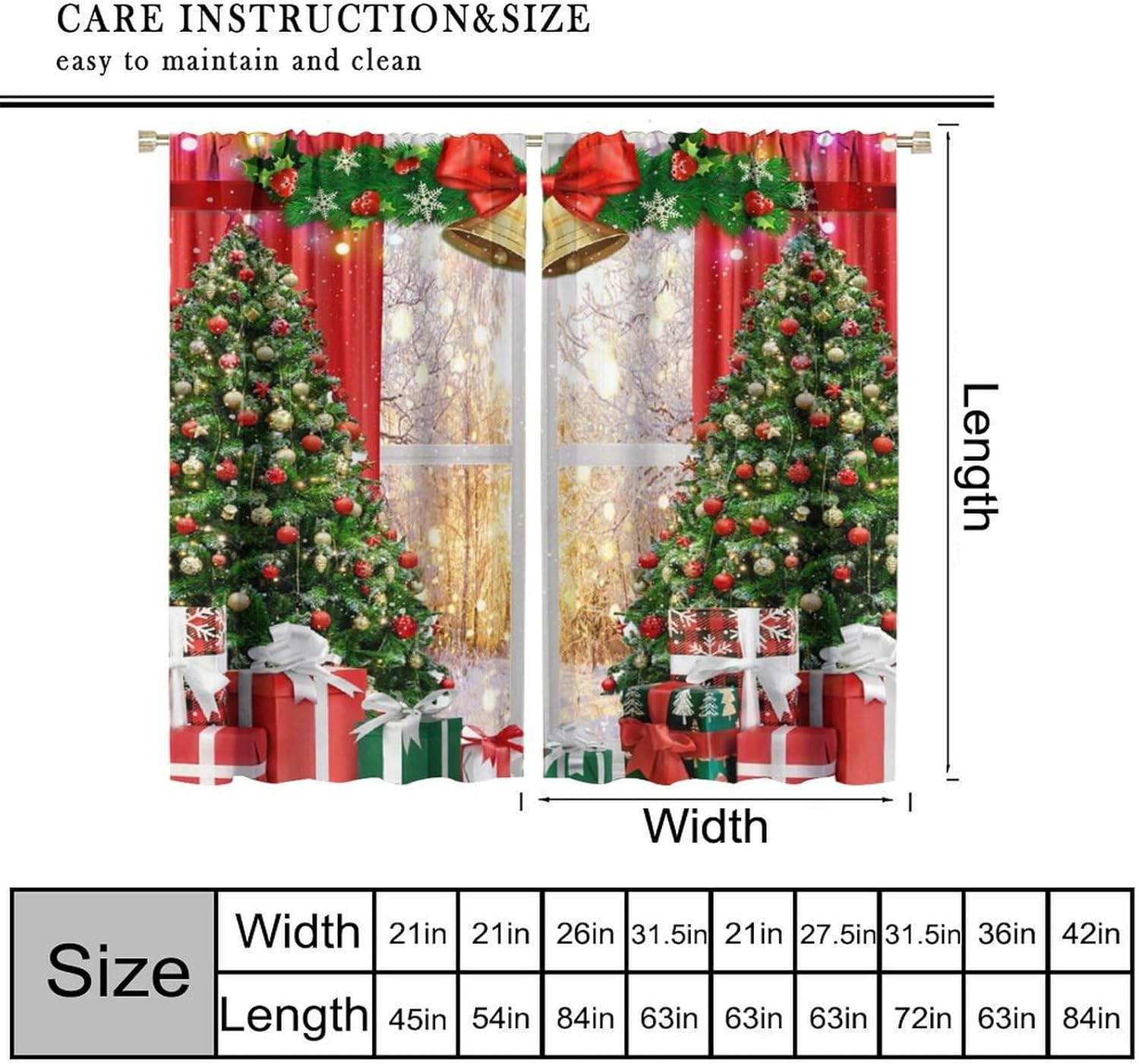 Festive Christmas Window Curtains with Snowy Tree & Bell Design, 84×84 Inch