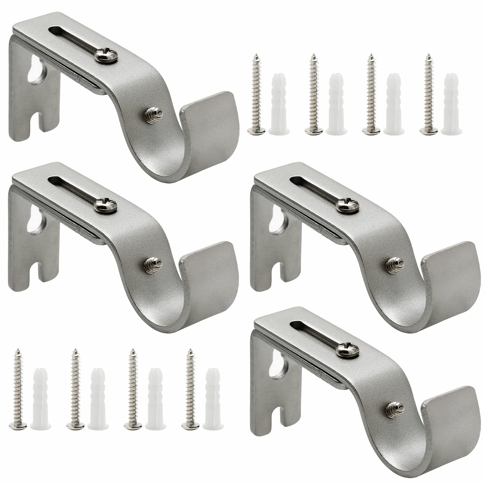 4 PCS Silver Gray Heavy Duty Adjustable Curtain Rod Brackets 5/8 to 3/4 Inch