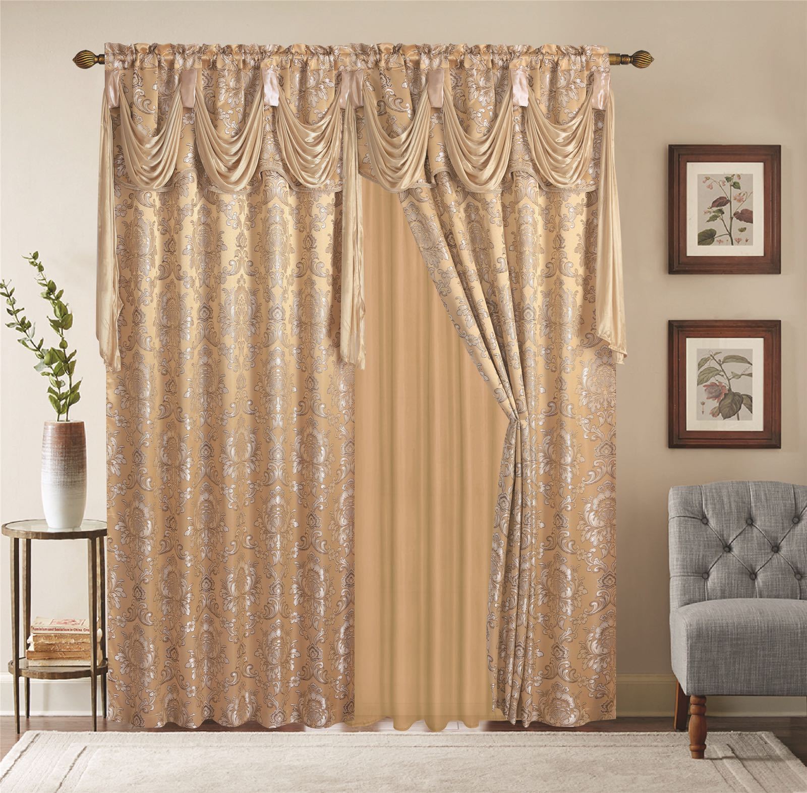 Window Curtains 2 Panel Set Luxury Red Burgundy With Valance and Sheer